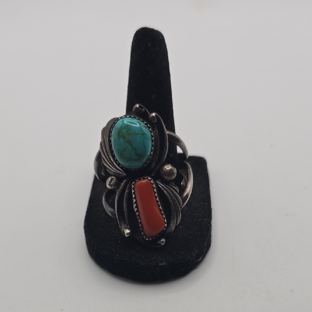 Vintage Native American Turquoise Coral Silver Ring Adjustible Size 12 And Up